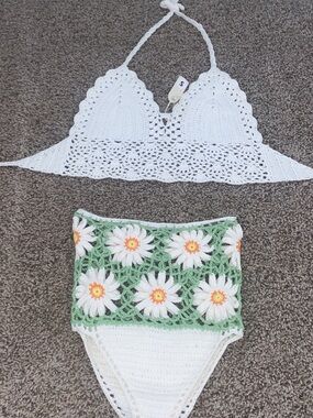 White Crochet Daisy High-Waist Bikini Set
